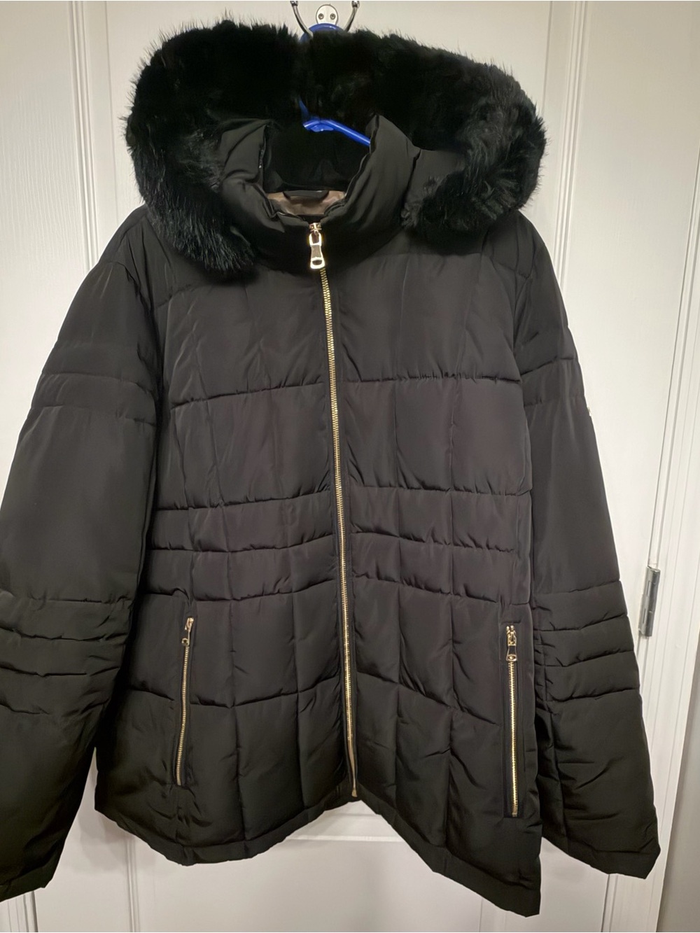 Women’s Calvin Klein Black Quilted Puffer Jacket with Faux Fur Hood 2X